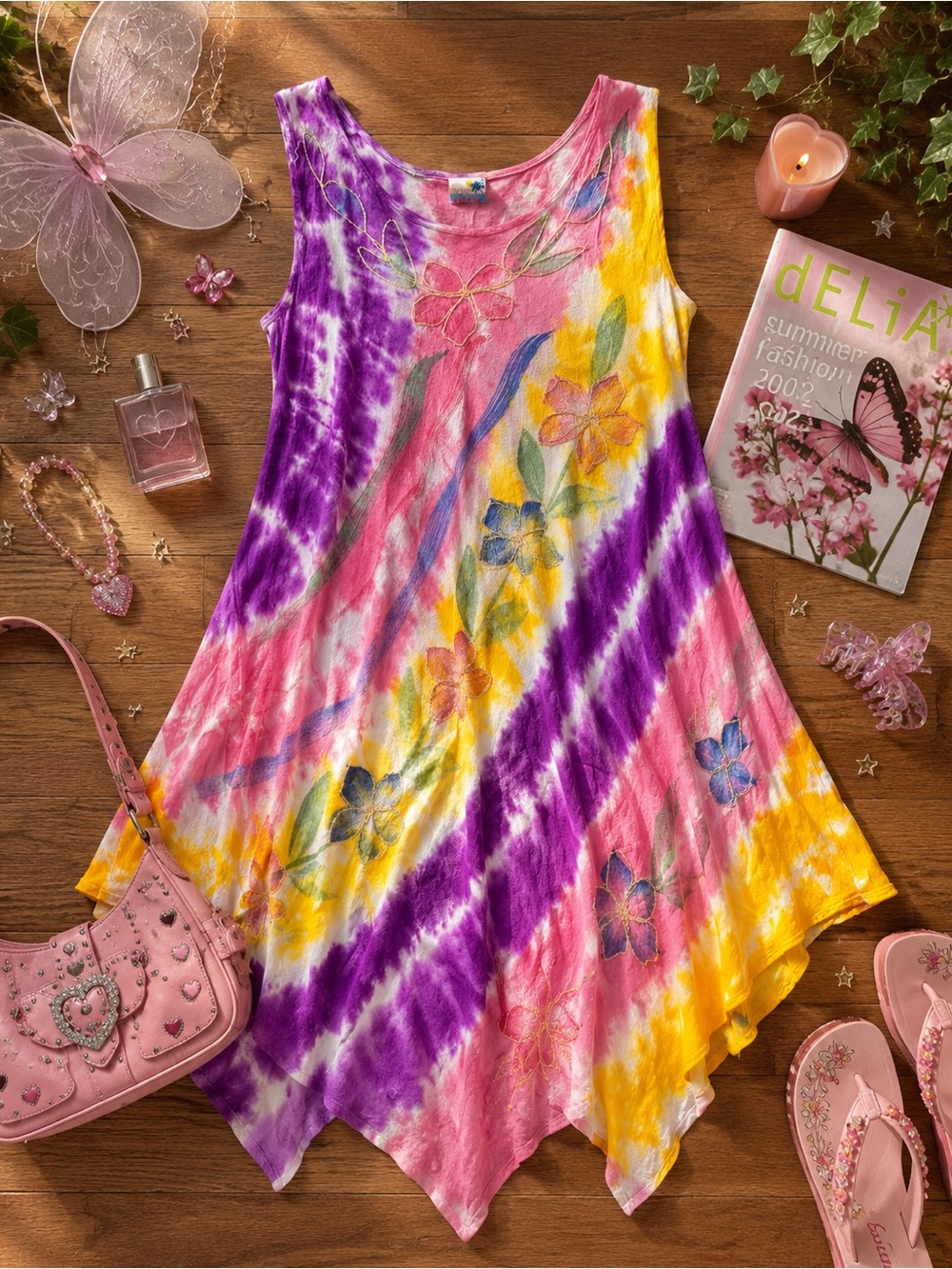 Y2K Fairycore Cottagecore Tie Dye Embroidered Boho Festival Dress OS